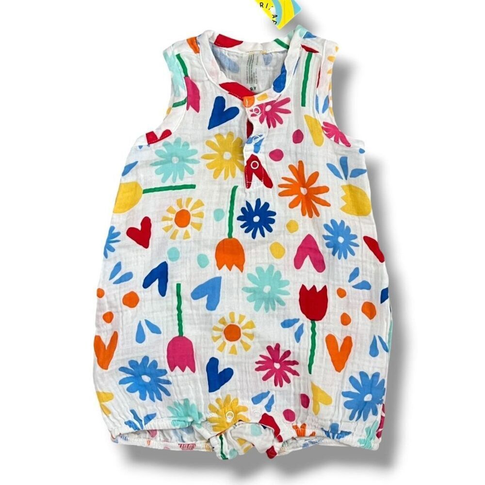 NWT! Primary Baby Shortie Rainbow Flower Print Muslin Bubble Romper Size 0-3M